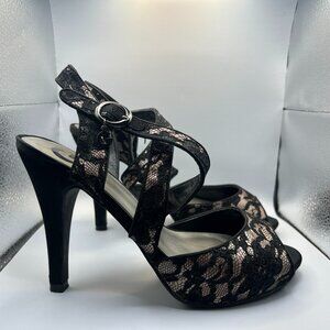 G by Guess Black Lace Peep-Toe Heels